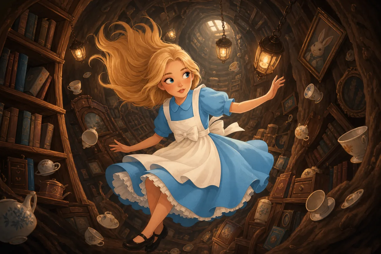 Drawn scene: Alice follows the White Rabbit down the rabbit hole