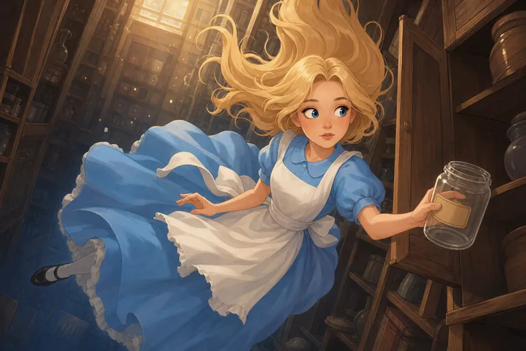 Alice falling past the cupboards, illustrated beside the passage it comes from.