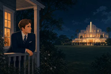 Nick Carraway watches a brightly lit Gatsby party from across the lawn.