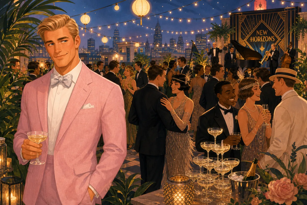 A party at West Egg — an illustrated scene from The Great Gatsby