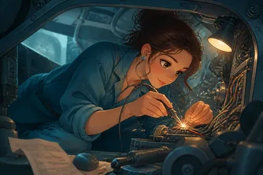 A woman solders wires inside a cramped machine.