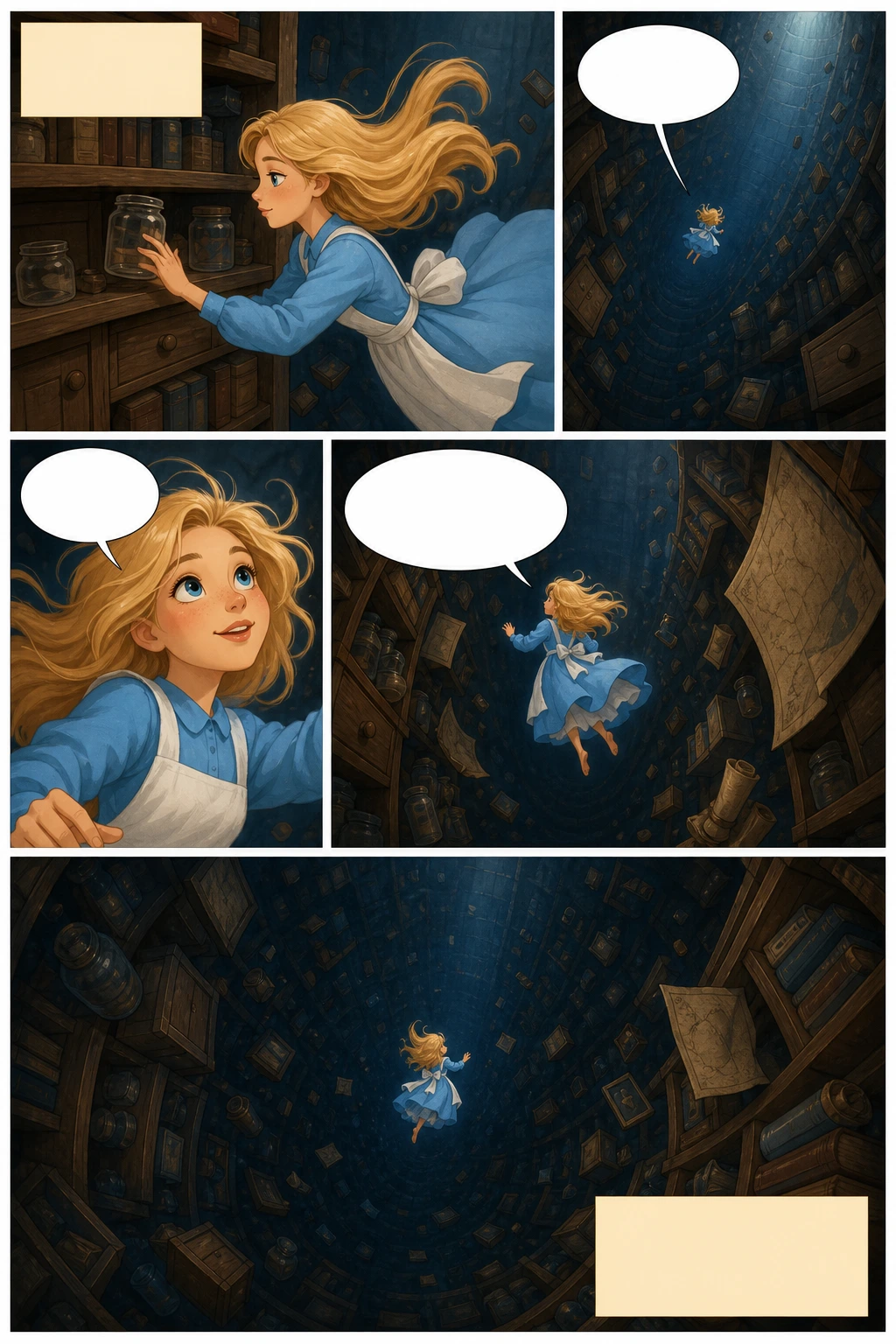 Alice's Adventures in Wonderland, illustrated page 3: She did not drop the jar for fear of hurting somebody underneath.