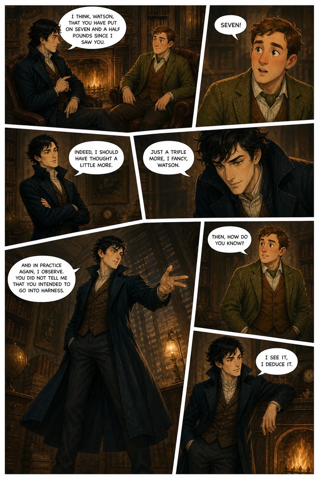 The Adventures of Sherlock Holmes, illustrated page 4: I think, Watson, that you have put on seven and a half pounds since I saw you.