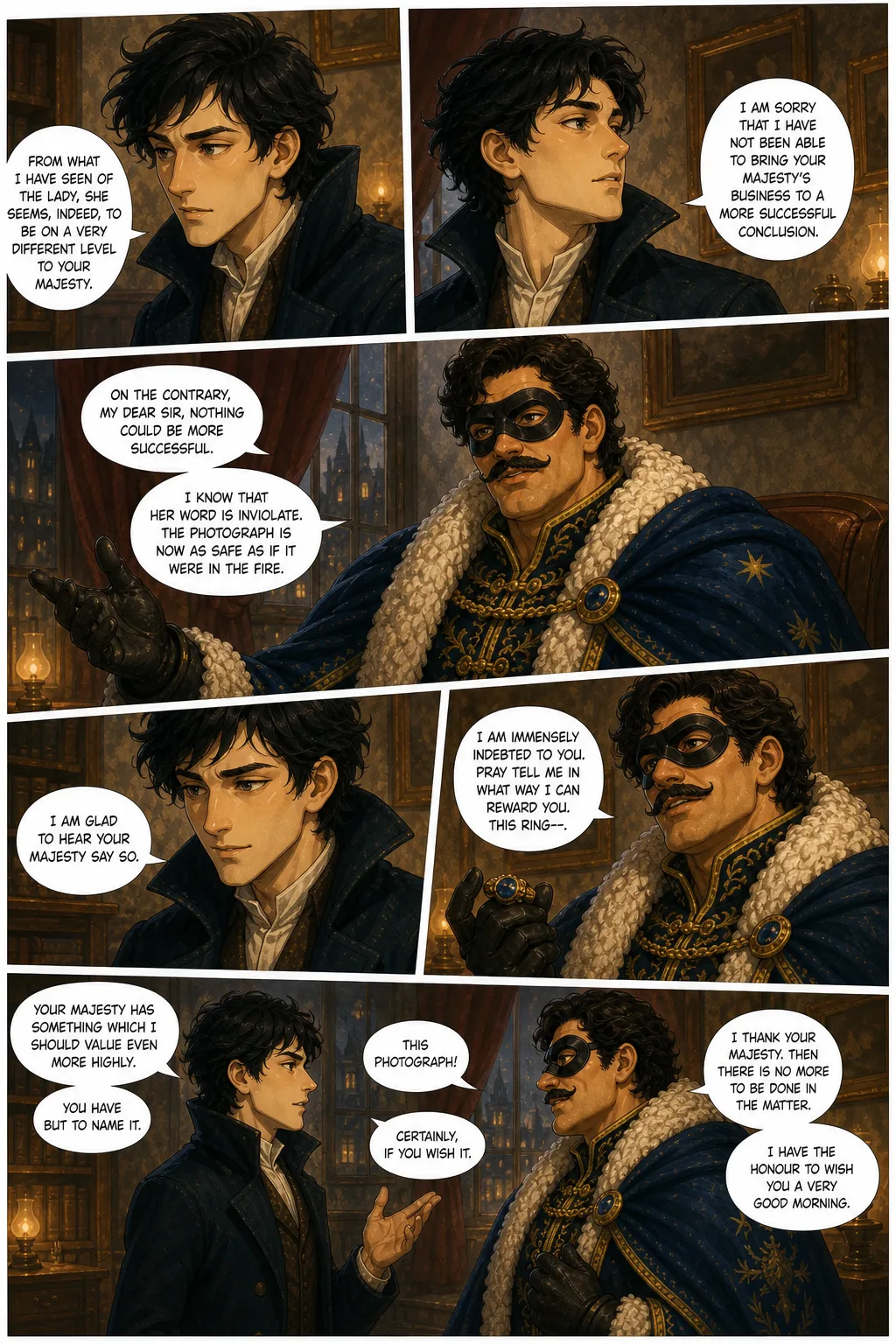 The Adventures of Sherlock Holmes, illustrated page 32: From what I have seen of the lady, she seems, indeed, to be on a very different level to your Majesty,