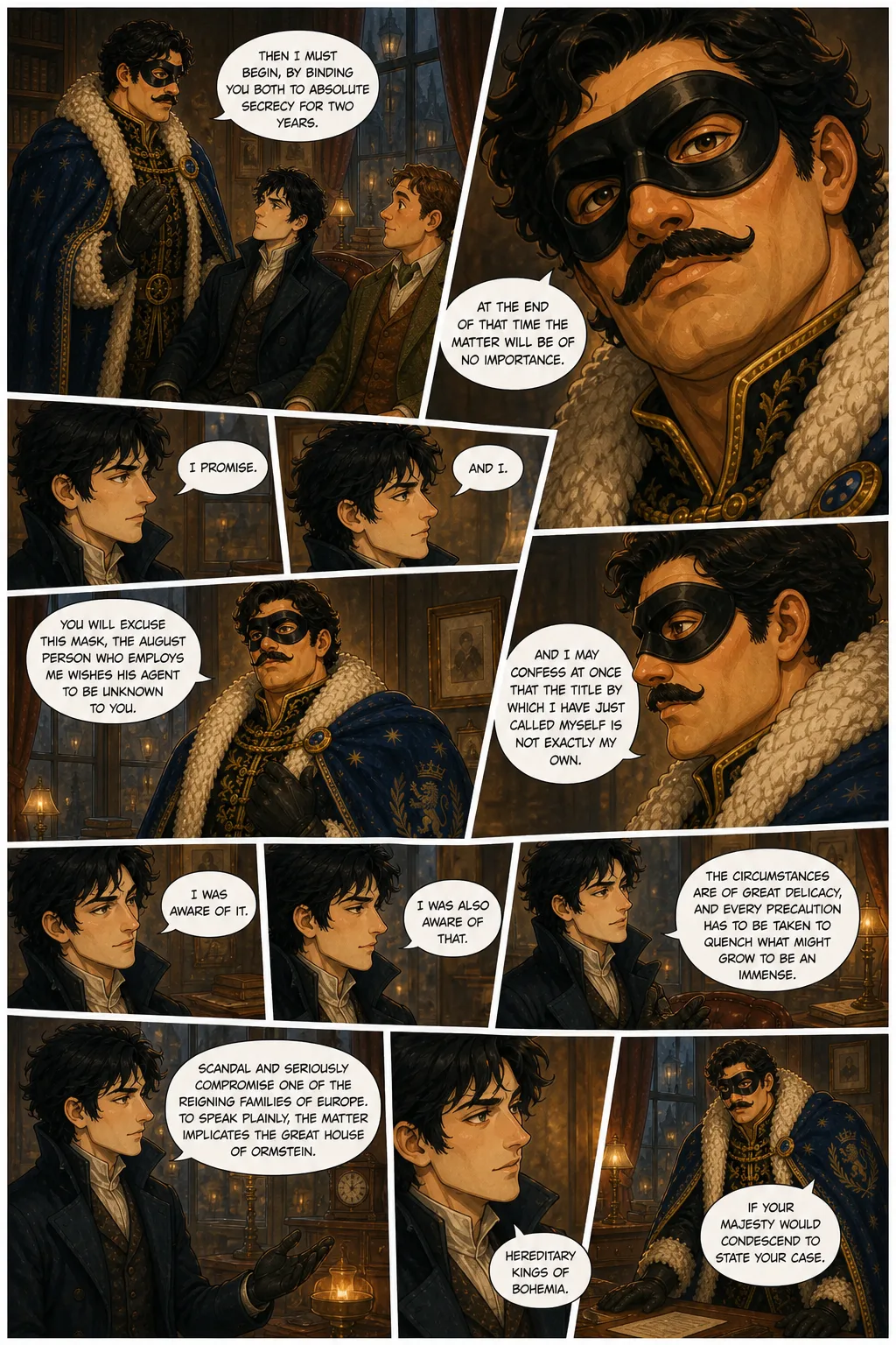 The Adventures of Sherlock Holmes, illustrated page 10: Then I must begin, by binding you both to absolute secrecy for two years;