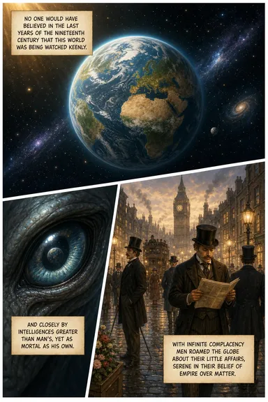 A drawn page from the comic edition of The War of the Worlds