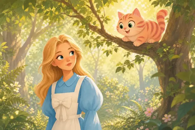 Alice meets the Cheshire Cat in the wood.